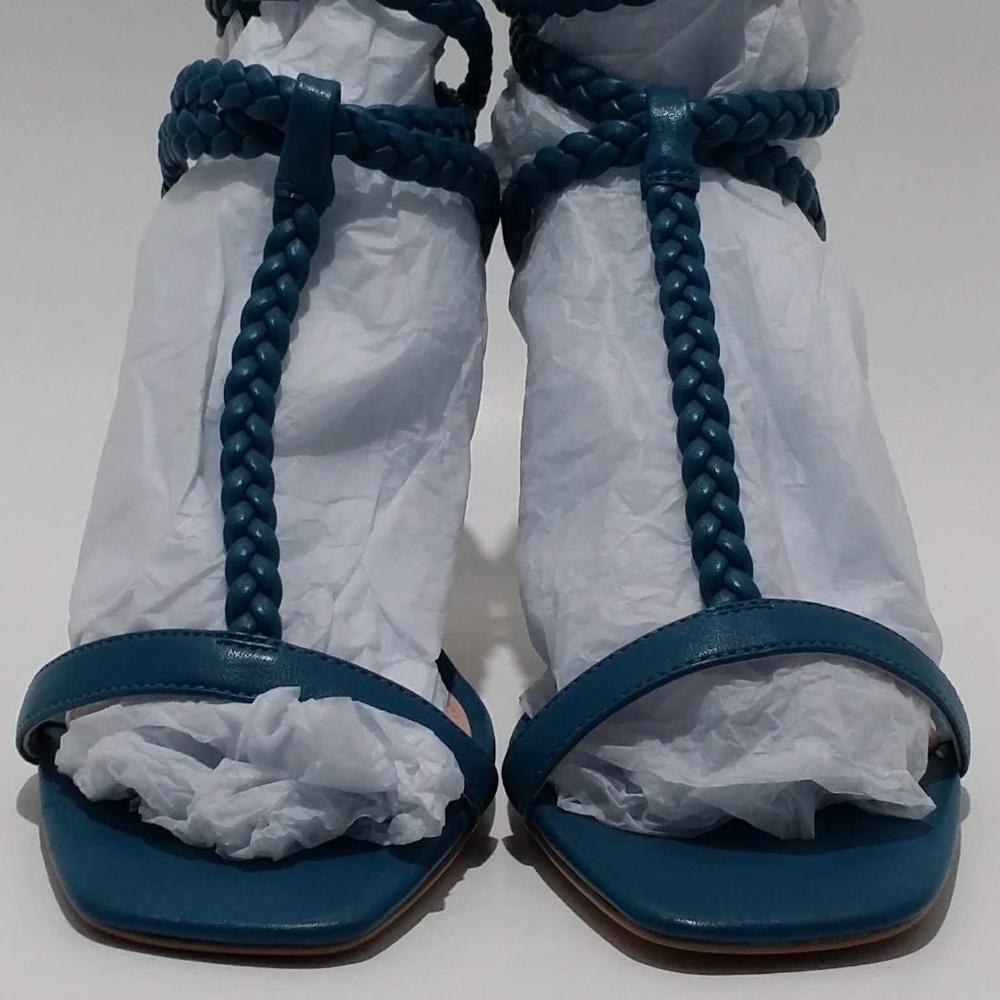 AVEC LES FILLES Teal Heel Leather Braided Sandals